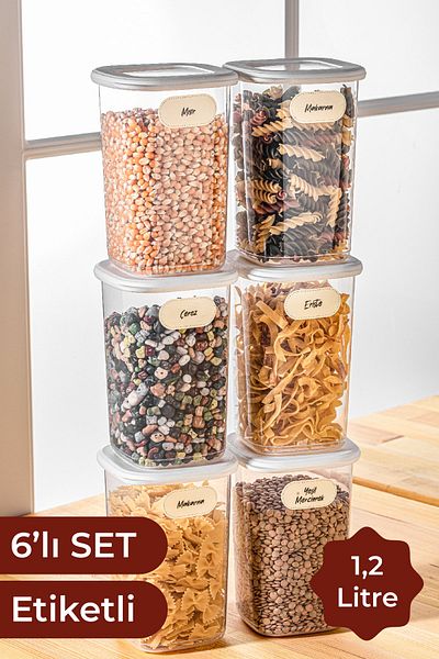 Vienev Labeled Square Food Storage Container Set of 6 Medium Size 1.2 Liter White