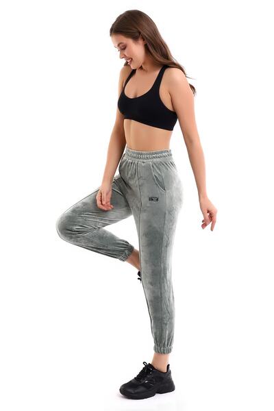 winmoda Πράσινο μαλακό αθλητικό παντελόνι Jogger ψηλόμεσο γαλλικό βελούδο