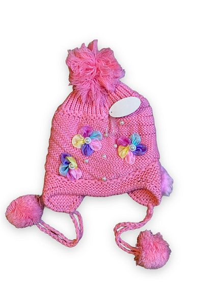 Pink Hippo Kids 4-10 Years Old Knitted Beanie for Girls with Ears and Fur and Pompom Detail