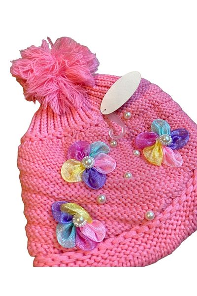 Pink Hippo Kids 4-10 Years Old Knitted Beanie for Girls with Ears and Fur and Pompom Detail