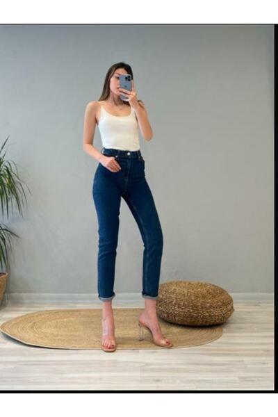 LİMABEL String Skinny Mom Blue Denim Lycra Taie înaltă Mom Jeans Extra Confortabil