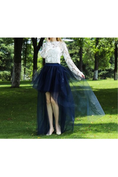 NSM Navy Blue Travel Parties Daily Ball Skirt Elastic Waist Front Short Back Long Tutu Puff Skirts