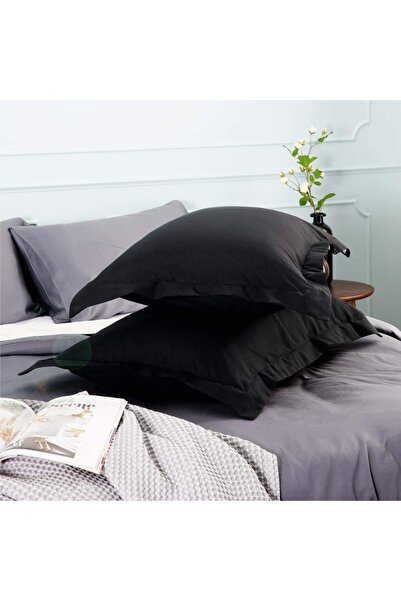 Tinybabyconcept 100% Cotton Flounced 2-Piece Pillow Case 50X70 cm Decorative, Breathable Fabric Black Color