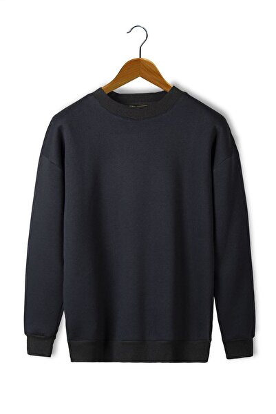 VEAVEN Unisex Siyah Oversize Kalın Üç Iplik Şardonlu Bisiklet Yaka Basic Sweatshirt