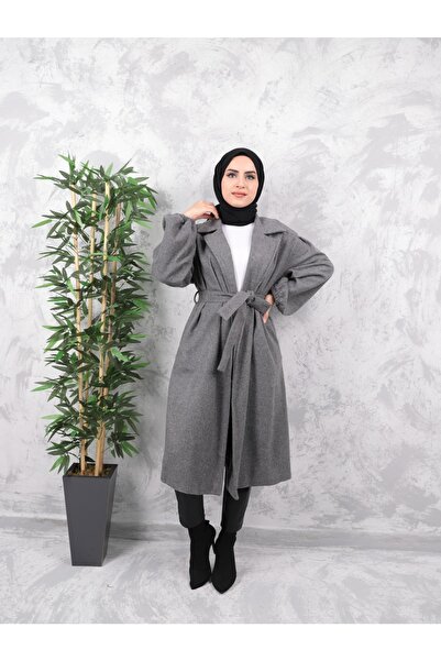 Aranlı tekstil Belted Women's Hijab Coat with Gathered Sleeves