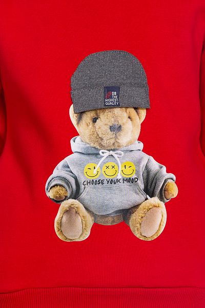 Toçka Boy's Hooded Suit Winter Thick Inside Fleece Soft 3 Thread Transfer Printed Applique Hat