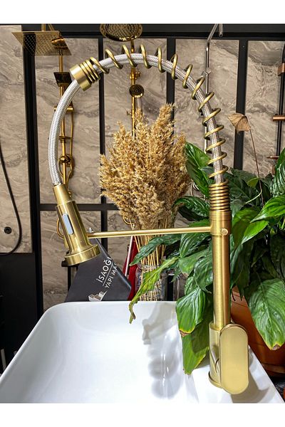 İSAOĞLU YAPI Matte Gold Kitchen Faucet Matte Gold Industrial Sink Faucet with Pressure Adjustment Extending System Golden Sink