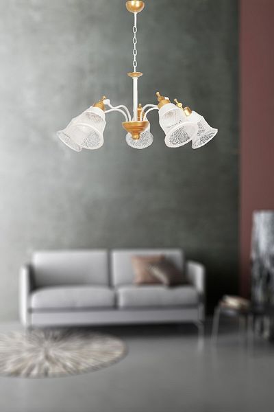 VENON Lighting Alvin 5-Piece Screen Arm Glass White Gold Chandelier