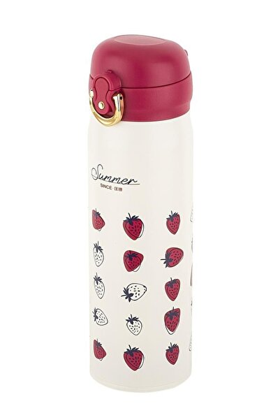 Tantitoni Okadı Beyaz Çilek Desenli Paslanmaz Çelik Termos 450ml