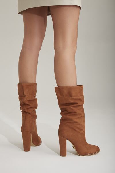 AYAKKABI PRENSİ Senza Körüklü Süet Taba Suet 10 Cm Kadın Bot & Bootie, Topuklu Ayakkabı