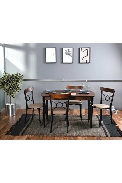 VOWTURKEY Mata Metal Ahşap Masa Sandalye Takımı Siyah Modern Şık Tasarım 80*130