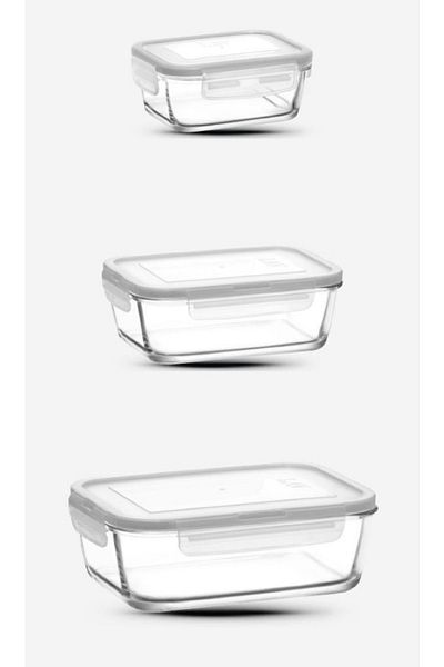 LAV Glass Locked Storage Container 3 Sizes New Series-rectangular White 3 Pieces (1200cc+800cc+400cc)