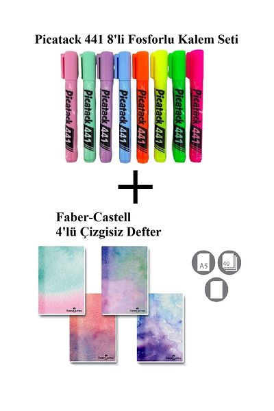 Picador Picatack 441 Highlighter Set of 8 + Cardboard Cover Upright A5 Watercolors 4-Piece Unlined Notebook