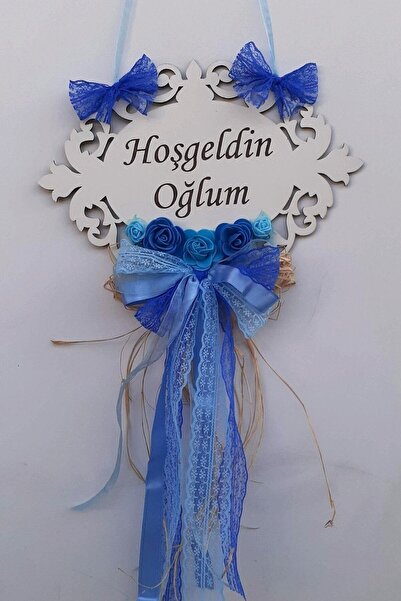 DENİZ TASARIM Hoşgeldin Oğlum Yazılı Mavi Süslemeli Yeni Doğan Bebek Kapı Süsü
