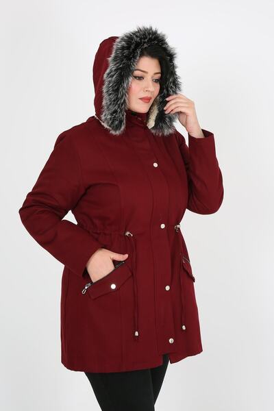 By Alba Collection Women's Short Gabardine Curly Inside Plus Size Coat Claret Red