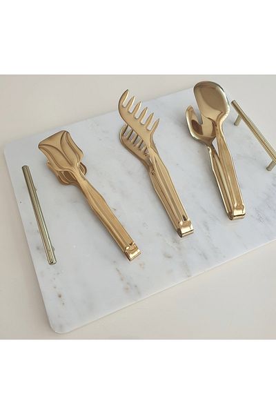 LOVYCO Gold Service Presentation Pasta Pastry Salad Cake Tongs Set Set of 3 Gold Tongs Set