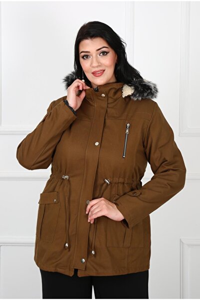 By Alba Collection Γυναικείο παλτό Gabardine Curly Inside Plus Size Καφέ