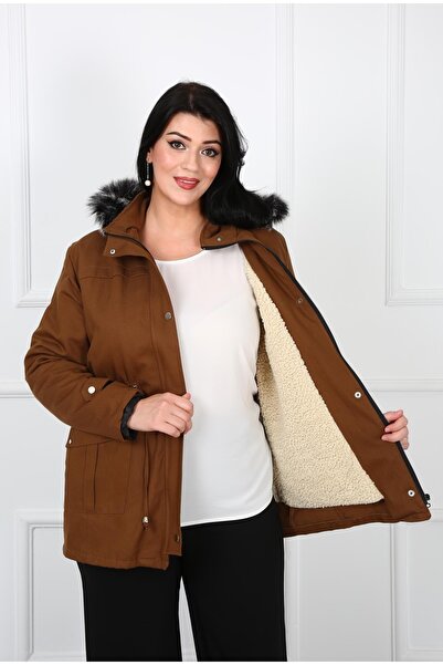 By Alba Collection Γυναικείο παλτό Gabardine Curly Inside Plus Size Καφέ