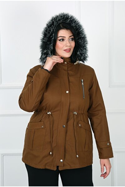 By Alba Collection Γυναικείο παλτό Gabardine Curly Inside Plus Size Καφέ