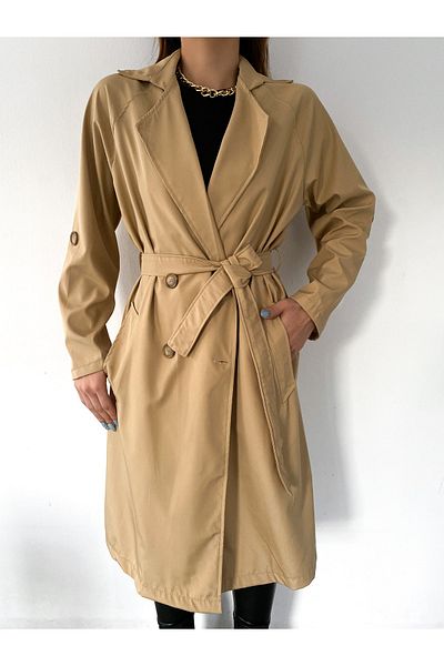 LB Laluna Butik Γυναικεία μακριά καμπαρντίνα με μπεζ ζώνη με κουμπιά και αδιάβροχη λειτουργία