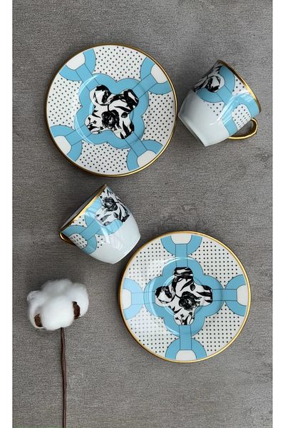 porselenden Kütahya Turquoise Rose Series Porcelain Coffee Cup Set for 2 Persons Serving Presentation Set