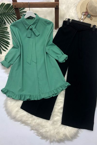 Ruj Moda Σετ τουνίκ με κορδέλα και βολάν και μαύρο παντελόνι