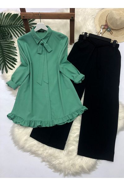 Ruj Moda Σετ τουνίκ με κορδέλα και βολάν και μαύρο παντελόνι