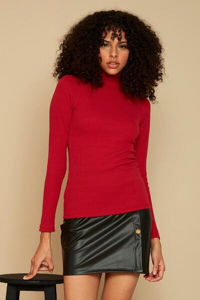 Select Moda Kadın Kırmızı Balıkçı Yaka Fitilli Örme Bluz