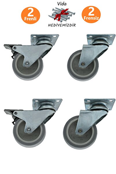 ŞENEL Yapı Market 2+2 Adet Frenli Frensiz 75'lik Döner Tablalı Bilyalı Teker Masa Dolap Sehpa Mobilya Tekeri 75x25