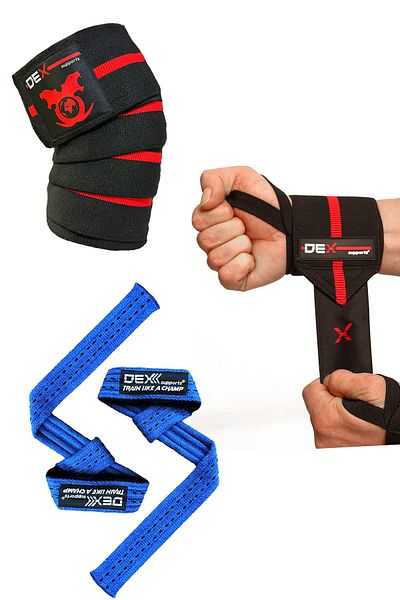 Dex Supports Lasting Energy Pro Red Knee Wraps, Lifting Straps and Elite Wrist Wraps - 3 Piece Set