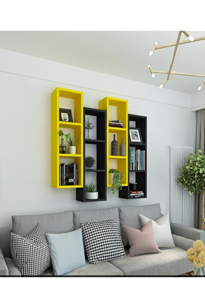 Dekormer Design Kitaplık Modern Ev Duvar Rafı Sarı Siyah 4 Lü Takım