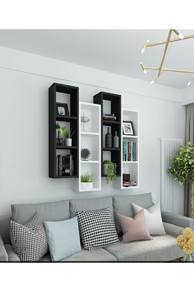 Dekormer Design Kitaplık Modern Ev Duvar Rafı Siyah Beyaz 4 Lü Takım