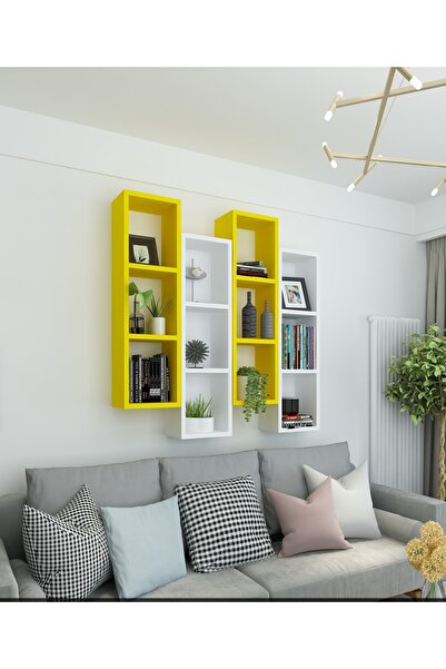 Dekormer Design Kitaplık Modern Ev Duvar Rafı Sarı Beyaz 4 Lü Takım