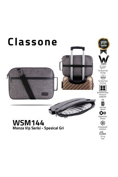 Classone Wsm144 Monza Series، 13-14 بوصة قماش مقاوم للماء وسحاب كمبيوتر محمول، حقيبة كمبيوتر محمول - رمادي خاص