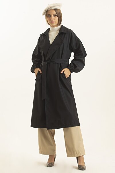 MD trend Kadın Siyah Balon Kollu Kuşaklı Trençkot