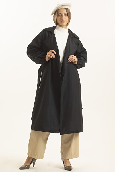 MD trend Kadın Siyah Balon Kollu Kuşaklı Trençkot