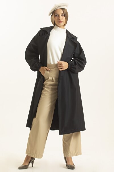 MD trend Kadın Siyah Balon Kollu Kuşaklı Trençkot