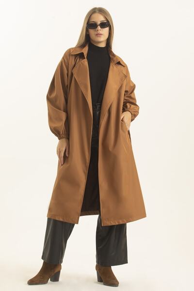 MD trend Women's Tan Balloon Sleeve Belted Trench Coat