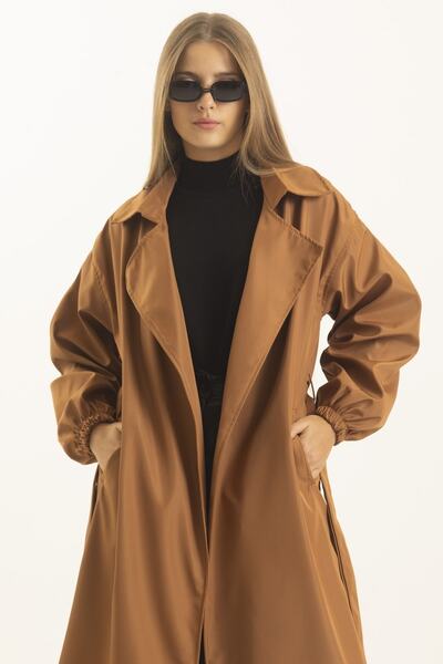 MD trend Women's Tan Balloon Sleeve Belted Trench Coat