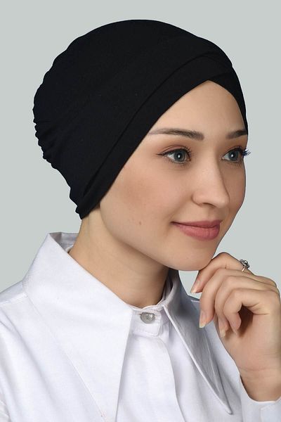 Altobeh Τετράριζο Σταυρωτό Εξωτερικό Καπάκι Hijab Έτοιμο τουρμπάνι χτενισμένο βαμβακερό -ΜΑΥΡΟ