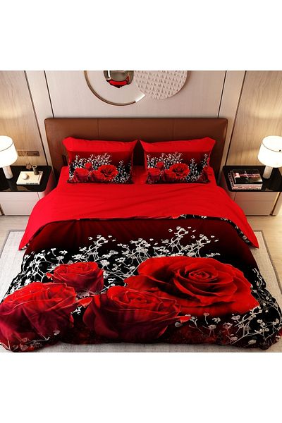 ALACA HOME COLLECTİON 6 Piece Red Rose Double Duvet Cover Set