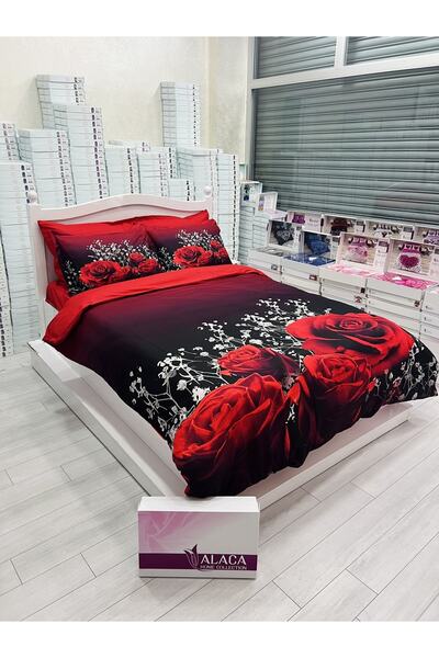 ALACA HOME COLLECTİON 6 Parça Kırmızı Gül Çift Kişilik Nevresim Takımı