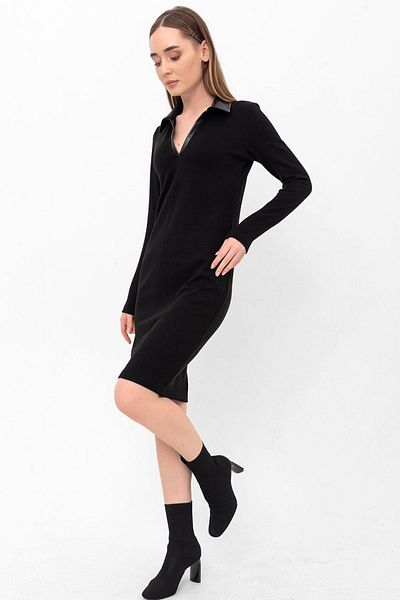 Laranor Black Shirt Collar Collar Leather Detail Knitwear Dress