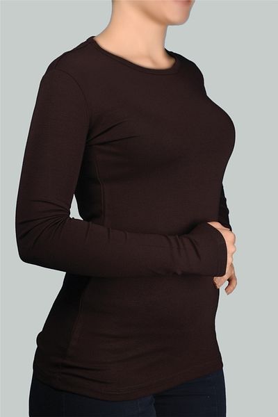 Altobeh Μακρυμάνικο Crew Neck Lycra Χτενισμένο Βαμβακερό Γυναικείο Σώμα - Σκούρο Καφέ