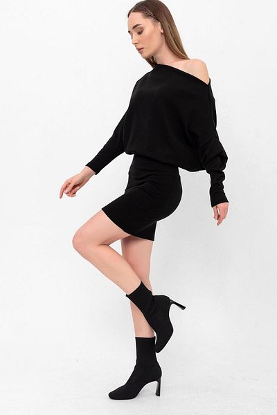Laranor Black Bat Sleeve Boat Neck Knitwear Dress Height and Collar Opening Adjustable