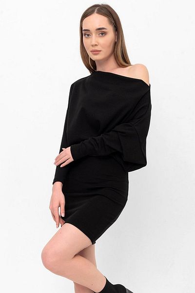 Laranor Black Bat Sleeve Boat Neck Knitwear Dress Height and Collar Opening Adjustable