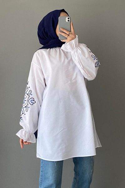 lamelif Bitter White Sleeve Embroidered Tunic