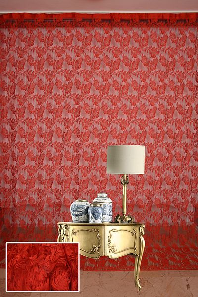 AKÇA TEKSTİL Leaf Model Red Color Rope Curtain Ready-made Buttons Sewn Rope Curtain 300*280 Cm