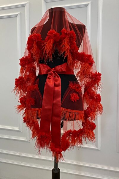 ZEYMERADE Kırmızı Lüks Gelin Duvak Seti Üç Boyutlu Çiçek Ve Tüy Süslemeli Kın...