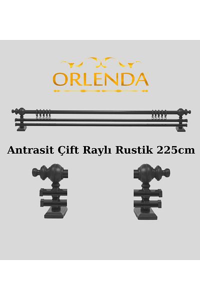 Orlenda Anthracite Wooden Headed Aluminum Pipe Rustic Curtain Hanger Double Rail 225 Cm
